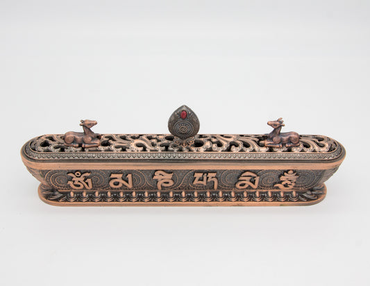 Brûleur d'encens orné de la roue du dharma - Cuivre, 32cm