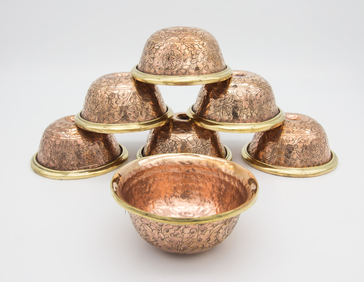 Engraved Offering Bowl Set, Polished Copper – 9 cm