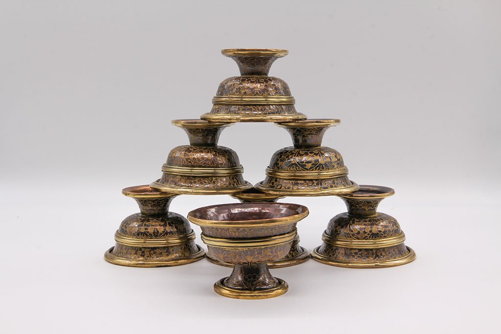 Footed Engraved Offering Bowl Set, Oxidised Copper – 8cm