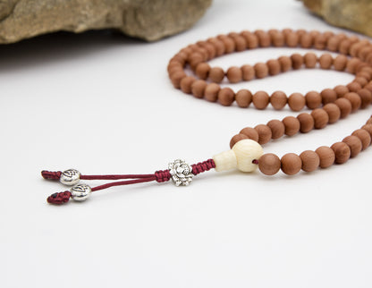 Sandalwood & White Agate Mala – 8mm